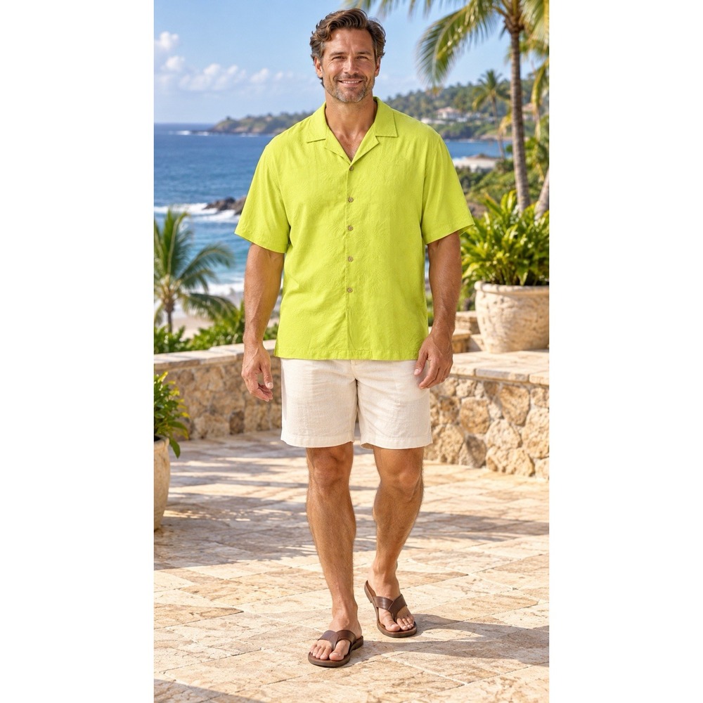 Tommy Bahama Shirt Mens XL 100% Silk Damask Palm Jacquard Camp Collar Resort TT
